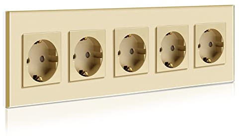 BSEED Schuko Steckdosenleiste 5 Fach Kristall Glas Platte - Fünffach Steckdose 16Amp 370mm Golden - Verlängerungssteckdosen Mehrfachsteckdose Wandsteckdose