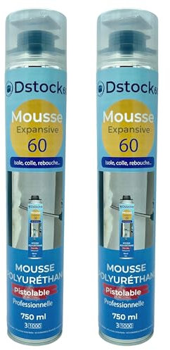 DSTOCK60 - Lot de 2 mousses expansives - 750 ml - Mousse polyuréthane professionnelle pistolable - Isole, colle et rebouche - Extérieur et intérieur