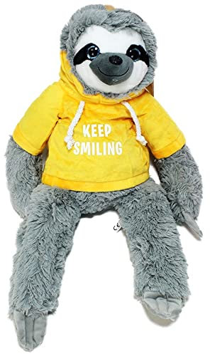 BEMIRO Faultier Kuscheltier mit Kapuze - gelb Keep Smiling - ca. 50 cm, Faultier Kuscheltier mit Pulli, Kletthände zum anhängen, Plüschtier Faultier mit Hoodie