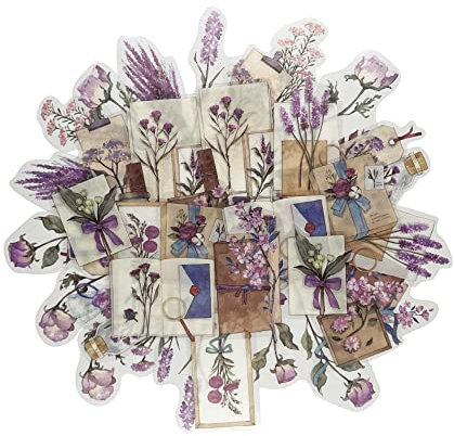 ZMLSED Vintage Romantic Lavender Scrapbook Stickers, 40Pcs Purple Decorative Retro Adhesive Watercolor Aesthetic for Craft Art Bullet Junk Journal Laptop DIY Paper Planner Notebook Collage Album
