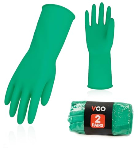 Vgo... 2paire gants de menage de vaisselle, gants de cuisine de nettoyage réutilisables en caoutchouc, extra épais, manches longues(HH4601,7/S,Vert,2Paires)