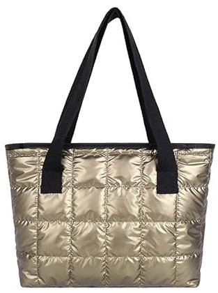 Puffer-Tragetasche, gesteppt, Crossbody-Tasche für Damen, große Laptop-Handtaschen, gepolsterte Schultertasche, Gold, Large