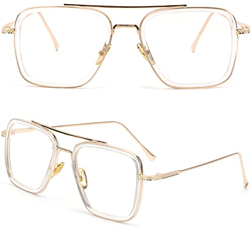 Retro Vintage Sunglasses Tony Stark Glasses Square Metal Frame for Men Women Goggle Classic Alloy Frame (Transparent Frame Clear Lens)