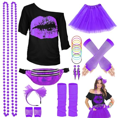 80er Jahre Outfit Damen Set, T-Shirt, Tutu, Gürteltasche, Stirnband, Ohrring, Halskette, Netzhandschuhe, 80er Jahre Kleidung Kostüm Neon Accessoires Thema Party Karneval Clothes-80SMouth-Purple-XL