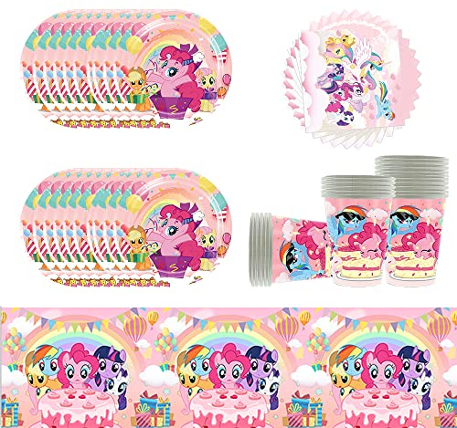 Doyomtoy 61pcs Pony anniversaire vaisselle de fête,licorne accessoires de fête, y compris la nappe assiette gobelets serviettes pour babyparty,mariages,anniversaire(20 invités)
