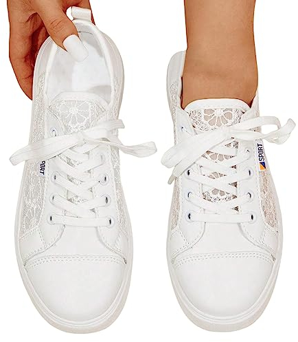 BIBOKAOKE Zapatos casuales para mujer, zapatillas bordadas de encaje, zapatos de tela transpirables, elegantes para mujer, zapatos con cordones, zapatillas para correr, ligeras, deportivas, planas,
