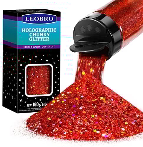 LEOBRO Holographic Red Chunky Glitter 160G/5.64OZ, Resin Powder Sequins Flakes for Christmas