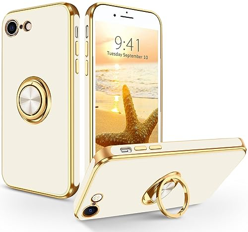 SouliGo iPhone SE Hülle, iPhone 7/8 Hülle Handyhülle, Slim Weiche TPU Silikon Case mit 360 Grad Ring Halter Ständer stabil Kratzfest Hülle für iPhone 7/8/SE 2020 2022 Weiß Gold
