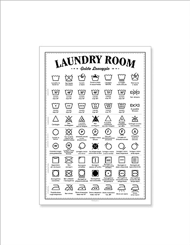 Waschanleitung für Laundry Room Mini-Poster A4, Waschanleitung in italienischer Sprache, 63 Symbole mit erläuternden Texten, für Waschküche, Wäsche und Pflege.