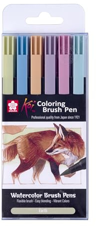 SAKURA Koi Colouring Pinselstifte Set - Erde - 6 leuchtende Farben auf Wasserbasis - Flexible Pinselspitzen - Ideal zum Skizzieren, Journaling & für Aquarelleffekte