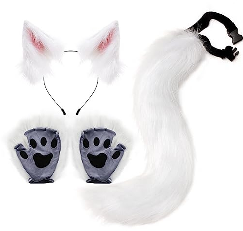 Kunstpelz Wolf Fuchs Kostüm Schwanz,Katzenohren Haarreif,Fuchsohren Stirnband,Anime Katze Cosplay Kostüm,Plüsch Haarreifen für Kinder Damen, Fuchs Schwanz und Ohren Damen Halloween Fasching Karneval