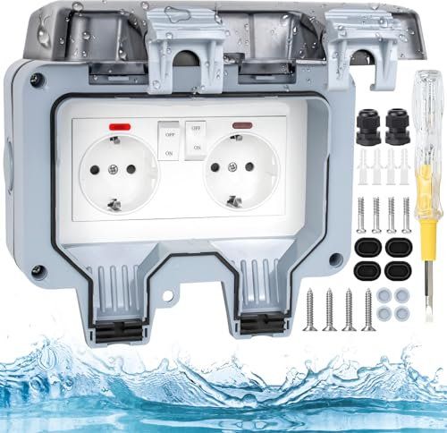 WOCVRYY IP66 Prise Extérieure Étanche 16A 250V Double Prise Extérieure Coupe-vent et Anti-pluie avec Interrupteur et Voyant Séparés et Conception De Verrouillage Résistant aux UV et à la Corrosion