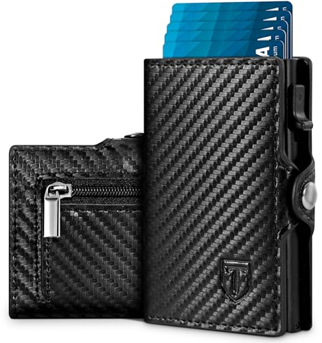 Tomylv Portefeuille Homme Cuir en Fibre de Carbone avec Blocage RFID, Pop Up Porte Carte Homme et Couche de Billets, Poche à Monnaie Zippée, Portefeuille pour Homme avec Boîte Cadeau- Noir