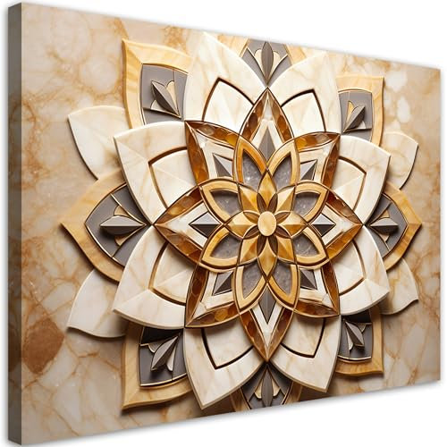 Feeby Bilder Mandala Blume Ornament 120x80 cm 1 tlg Schlafzimmer Modern Vlies Leinwandbilder Bild auf Leinwand Kunstdruck Wand Wanddeko Design Wohnzimmer Büro Flur Hotel Spa Orientalisch Lotos Beige