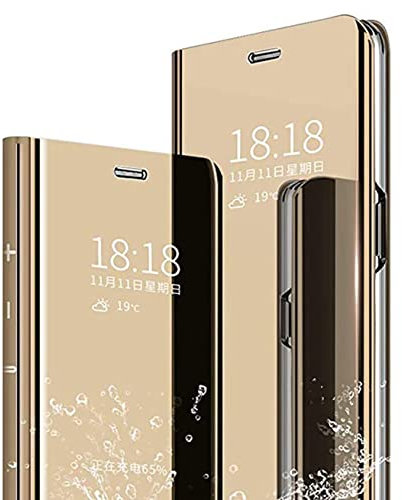 TEYYOS Hülle Geeignet für Xiaomi 13T/Xiaomi 13T Pro, Plating Smart Clear View Case, Luxury Mirror Ultradünne Flip Handyhülle. Gold