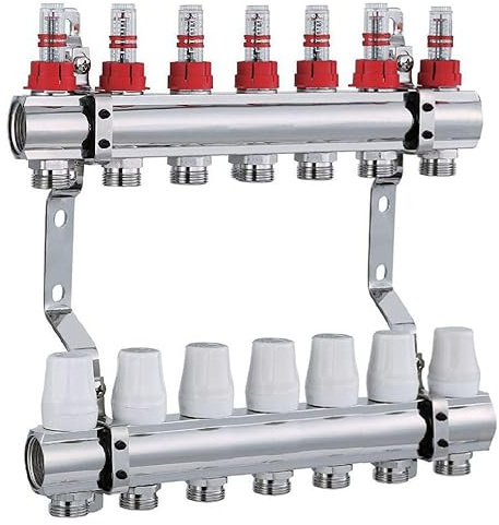 AQUA HEATING Heizkreisverteiler, 7 Heizkreise, 1 Zoll, Messing vernickelt