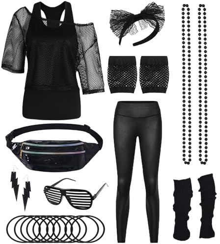 80er 90er Jahre Outfit Damen Netzshirt, Tank top, Leggins, Netzhandschuhe, Bauchtasche, Haarband, Ohrring, Armband, Halskette, 80iger Kostüm Zubehör Neon Kleidung 80s Aerobic Bad Taste Outfit FR041XL