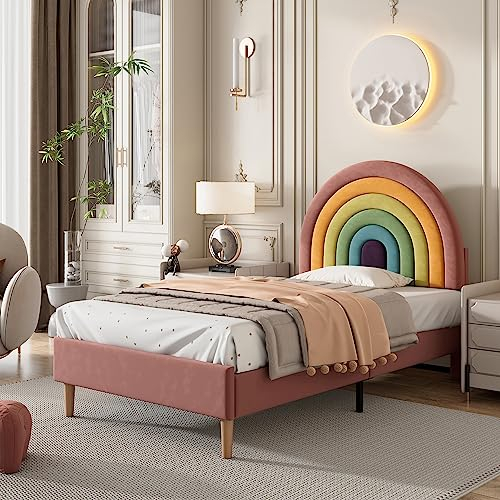 Rtopsu Polsterbett Einzelbett 90×200 cm, Kinderbett Jugendbett mit Regenbogen Kopfteil, Bett mit Lattenrost aus Holz, Höhenverstellbares Kopfteil, Samt, Rosa (Ohne Matratze)