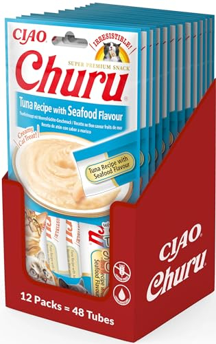 INABA Churu Püree Katzen-Leckerli - Katzenpaste zum Füttern aus der Hand - Katzensticks mit Thunfisch & Meeresfrüchte - 12 Packung / 48 Sticks