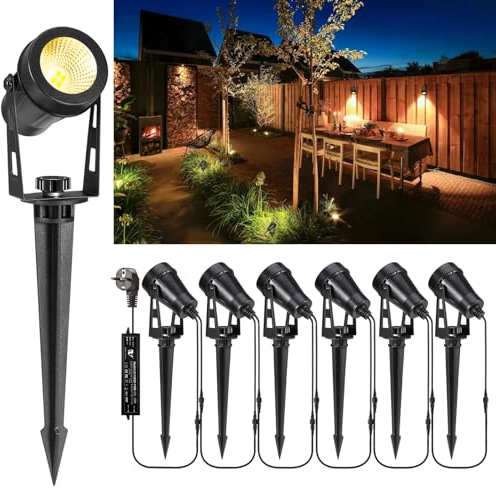 Greenclick Garden Lighting LED 21m 6pcs Projecteur de jardin avec pointe de sol électrique 12V 3W 1800lm Lumière de jardin IP65 Lampe de jardin blanc chaud étanche pour Jardin Extérieur Pelouse Étang