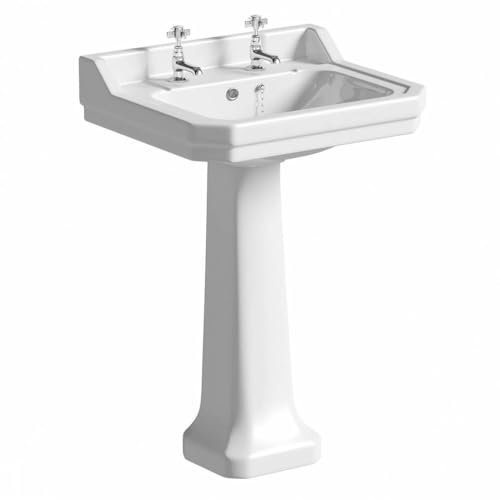 The Bath Co. Camberley lavabo a colonna completo a 2 fori per rubinetto 610 mm con rubinetti - Lavabo a colonna completo bianco, Lavabi a colonna completa quadrati, Lavabi reliable