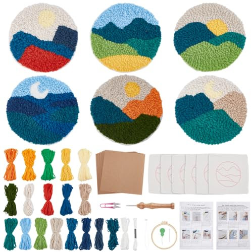FREEBLOSS 6er Landschafts Punch-Nadel-Set: Textile Art Coaster Kit für Erwachsene mit Anleitung und verschiedenen Mustern