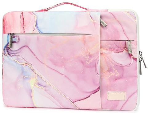 SANFAN 360° Laptoptasche Schutzhülle Tasche mit 3 Taschen, Tragegriff und Gepäckgurt, Motiv: Sonne, Mond und Sterne auf marineblauem Hintergrund, Rosa Marmor, 14 inch-14.4 inch