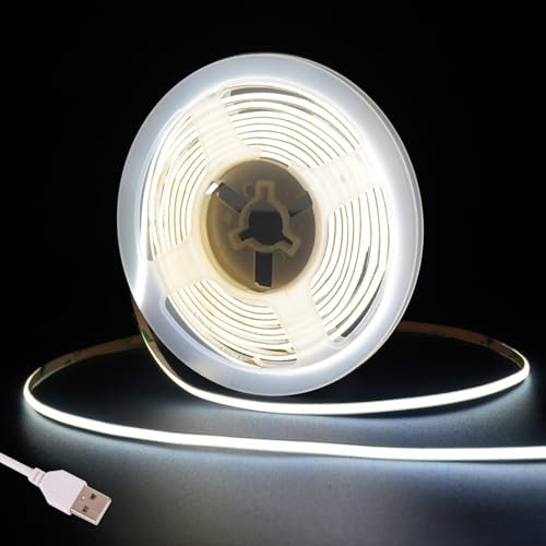 Fosingut COB LED Streifen 3m,5V USB LED Strip Kaltweiß,4mm 6500K CRI 90+ 480 LEDs/m Lichtleiste LED Band Selbstklebend Stripes für Küche,TV LED Hintergrundbeleuchtung,Spiegel,PC,Schlafzimmer
