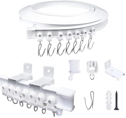 FOGAWA 5m Vorhangschiene wandmontage mit 40 Haken, Wandvorhangschiene, Flexible Gardinenschiene, Gebogen, Wandschiene für Duschvorhangstange, Raumteiler, Vorhangschienensystem mit Wandhalterung, Weiß