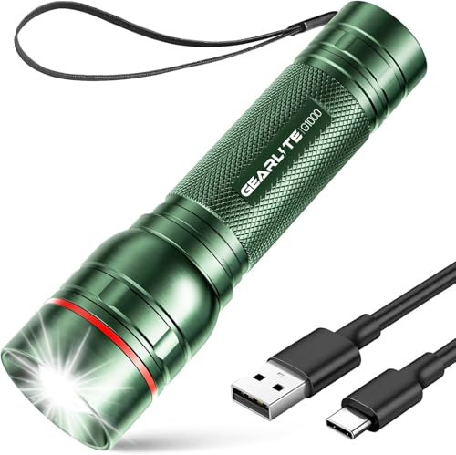 GEARLITE Rechargeable LED Torch, 2000LM Torches LED Super Bright with 3 Modes, Portable Small Torch with Battery, Waterproof Flashlight Zoomable for Power Cut, Emergency, Camping, Hiking- Green