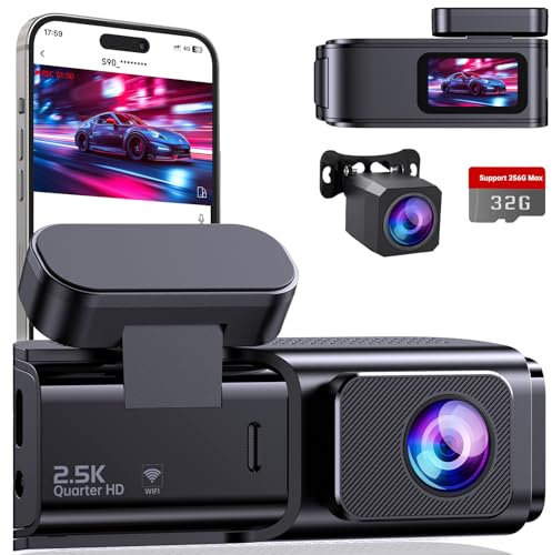 Dashcam Auto Vorne Hinten 2,5K + 1080P, Ultra HD Dashcam mit WiFi, Dual-Autokamera mit 32-GB-Karte, 170 ° Weitwinkel, Super Nachtsicht, 24H-Parküberwachung, G-Sensor, App-Steuerung, Loop-Aufnahme