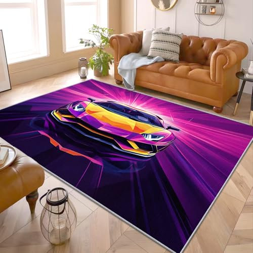 Sportwagen Teppich - Teppich Wohnzimmer Schlafzimmer Jungen Rennwagen, Kleiner Teppich Rennauto, Weich Kurzflor & Waschbar & rutschfest Fussmatte Innen, Kinderteppich 60x90 cm