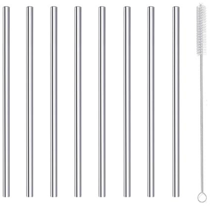 morneve Cocktail Straws Short Small Mini Reusable Metal Stainless Steel Bar Drinking Straw Set with Cleaner Brush for Cocktails Rock Gin Glass Coffee Mason Jar Tumblers Juice Kids, Silver 8 PCS