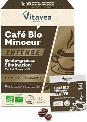 Vitavea - Café Minceur BIO Intense - Brûle-graisse Elimination Silhouette affinée - Café soluble 100% Arabica Guarana origine naturelle et biologique - 12 sachets - Fabriqué en France (Lot de 6)