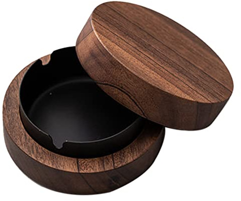 Bortivier Walnut Ashtray with Lids Windproof Wooden Ashtray Portable Ash Holder for Smokers Desktop Office,Men's Gift(Black)