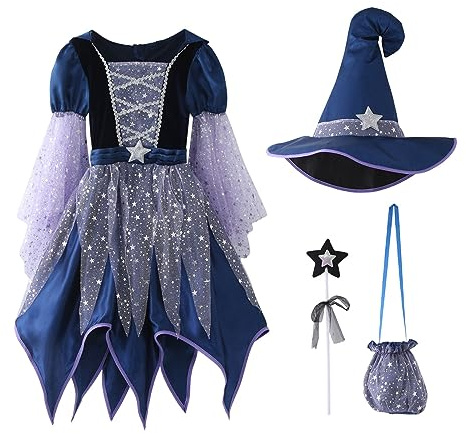 CNNBYYDS Deguisement Halloween Fille Robe Sorciere Costume Halloween Enfant, Kit Robe avec Chapeau, Baguette Magique, Sac à Main, pour Carnaval, Déguisement Sorcière Fille, 3-15 Ans