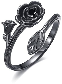 ONEFINITY Schwarze Rosenblütenringe 925 Sterlingsilber Rosenblüten Verstellbare offene Ringe Gothic Schmuck Geschenke für Damen