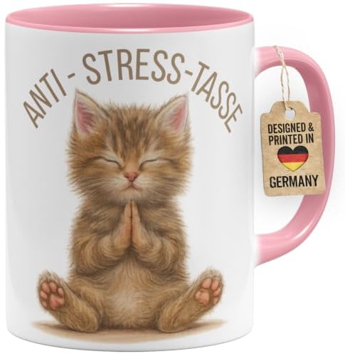OM3 Katzentasse mit Yoga-Kätzchen - Anti-Stress-Tasse - Rosa | Namaste-Motiv mit meditierender Katze - Kaffeetasse aus Keramik, 325 ml - Geschenk für Katzenmama und Katzenliebhaber