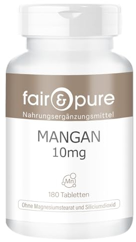 Fair & Pure Mangan 10mg, 180 stycken, 10mg mangan per tablett, veganskt kosttillskott utan tillsatser, tillverkat i Tyskland