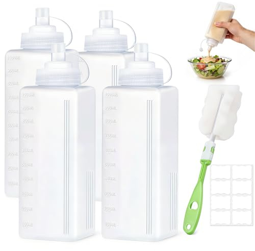 Ynwilarz 4 Pcs Squeezy Sauce Bottle, 1000ml Multipurpose Squeeze Condiment Bottles, Plastic Squeeze Bottles with Nozzles Brush and Label for Sauces Ketchup Salad BBQ Grilling Honey