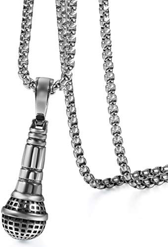 Oidea Stainless Steel Punk Rock Microphone Pendant Necklace for Men Biker,Silver and Black,22 Inch Chain Included