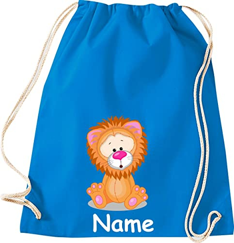 Shirtinstyle Turnbeutel Tiere Löwe mit Wunschnamen, Beutel Tasche Hort Kita, Farbe Sapphire