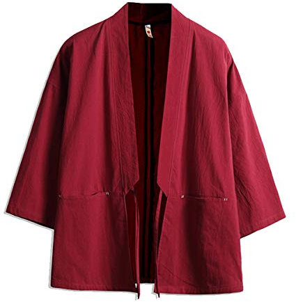 Seidarise Herren-Kimono, traditionelle japanische Kleidung, Herren-Strickjacke, Noragi-Jacke, Yukata-Mantel, Haori, Rot/Ausflug, einfarbig (Getaway Solids), XL