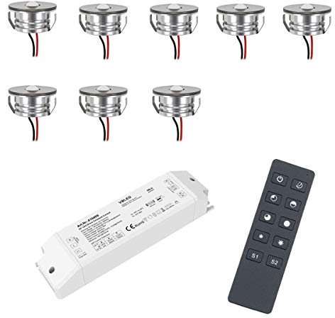 VBLED® 3W LED Mini Spot Einbaustrahler Einbauleuchten IP65 wassergeschützt - 700mA 190lm warmweiß (3000 K) (8-er Set mit Funk Netzteil) [Energieklasse A+]