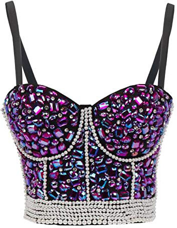 Woboren Mujeres Burlesque Dance Clubwear Body Shapewear Cincher Perla Cadena de diamantes de imitación Bustier Corset Sujetador corsé Top