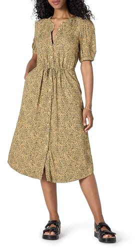 Amazon Essentials Damen Relaxed Fit Atmungsaktives Midi-A-Linienkleid mit Halbärmeln, Vorderer Knopfleiste, Kordelzug in der Taille und Taschen