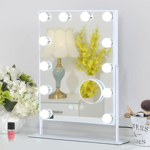 FENCHILIN Hollywood Vanity Mirror with Lights Hollywood Makeup Mirror with 12 LED Bulbs Lighted Vanity Mirror 360 Rotation Smart Touch Control Light Up Makeup Mirror 10x Magnifier