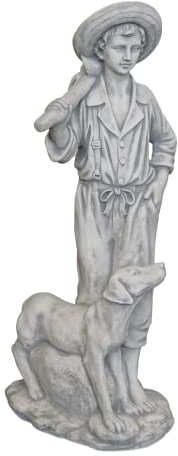 gartendekoparadies.de Statue Junge mit Jagdhund, Steinfigur, H. 94 cm, 64 kg, Grau, frostsicher aus Steinguss für Außenbereich