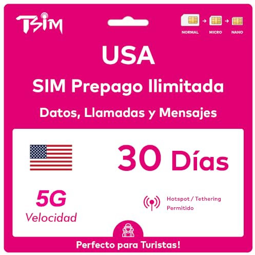 TSIM Carta SIM Prepagata USA per Viaggio 30 Giorni | Dati Illimitati 4G/5G negli USA | Chiamate Locali Illimitate | Chiamate e SMS Gratuiti in Arrivo | Carta SIM 5G Aggiornata