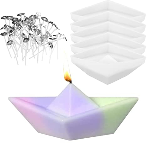 5 Stück Silikonform Boot, 3D Origami Boot Silikonform Kerzenformen Mit Kerzendocht, Seifenform Silikon Formen Backform Papierboot-Kerzenform DIY Silikon Gießform für Handwerk Kerzen